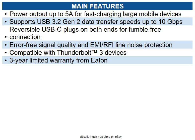 Eaton U420-003-G2-5A 3 ft USB-C Cable (M/M) USB 3.2, Gen 2 (10 Gbps), 5A (100W)