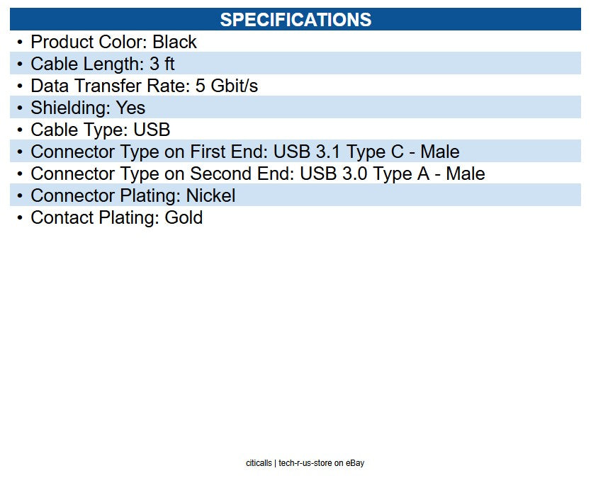 Eaton U428-003 3ft USB-C to USB-A Cable (M/M) USB 3.2 Gen 1 (5 Gbps) Thunderbolt