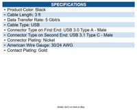 Eaton U428-003-CRA 3ft USB-C to USB-A Cable (M/M), Right-Angle C, USB 3.2 Gen 1