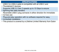 Eaton U428-20N-G2 USB-C to USB-A Cable (M/M), USB 3.2 Gen 2 (10 Gbps), 20-in.
