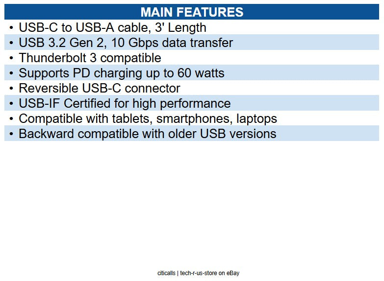 Eaton U428-C03-G2 USB-C to USB-A Cable (M/M), USB 3.2 Gen 2 (10 Gbps), USB-IF