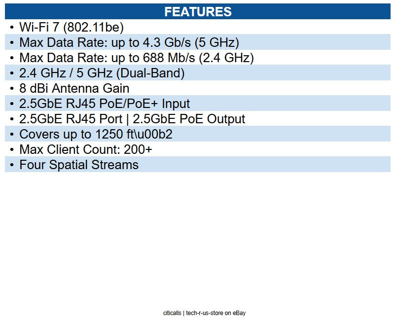 Ubiquiti Networks U7-IW-US Dual Band Wi-Fi 7 IEEE 802.11n/ac/ax/be/v/r/k 4.30
