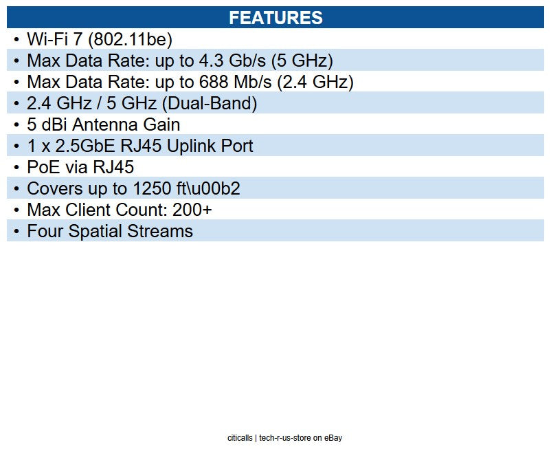 Ubiquiti Networks U7-LITE-US Dual Band Wi-Fi 7 IEEE 802.11n/ac/ax/be/v/r/k