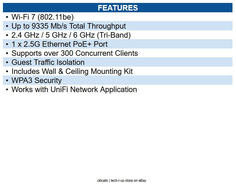 Ubiquiti Networks U7-PRO U7 Pro Tri Band Wi-Fi 7 IEEE 802.11 a/b/g/n/ac/ax/be