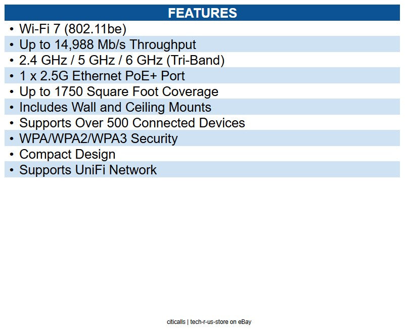 Ubiquiti Networks U7-PRO-MAX U7 Pro Max Tri Band Wi-Fi 7 IEEE 802.11 a/b/g/n/ac/