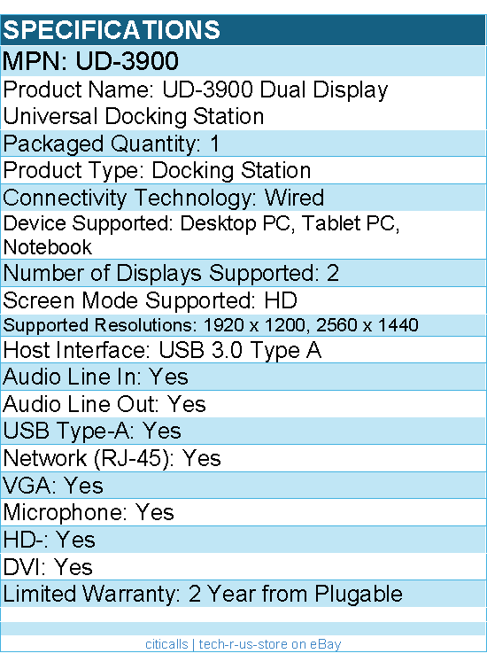 Plugable UD-3900 USB 3.0 Universal Laptop Docking Station Dual Monitor