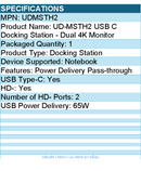Plugable UDMSTH2 USB C Docking Station - Dual 4K Monitor