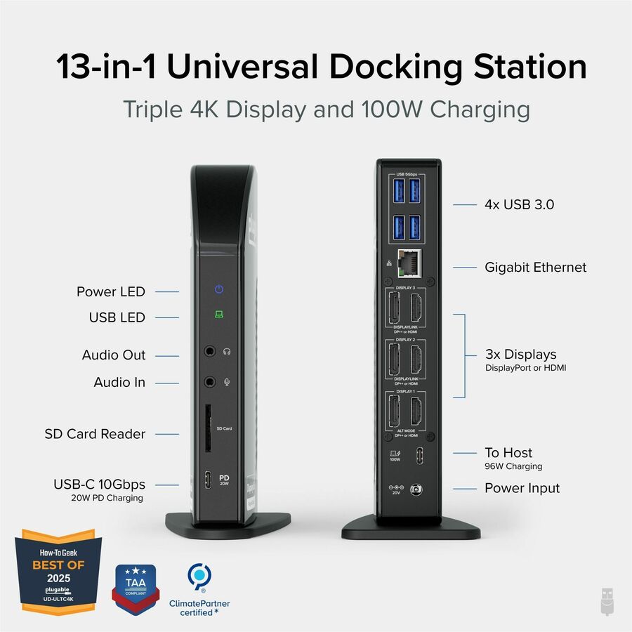 Plugable UD-ULTC4K 4K USB C Docking Station Triple Monitor w 100W Power Delivery