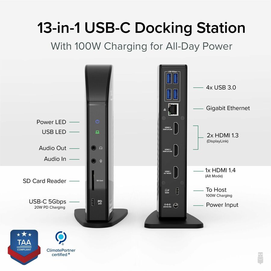 Plugable UD-ULTCDL 13-in-1 USB-C Triple Monitor Docking Station w 100W Charging