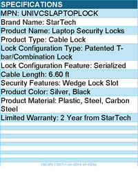 StarTech UNIVCSLAPTOPLOCK Laptop Cable Lock - Serialized Combo Security Cable