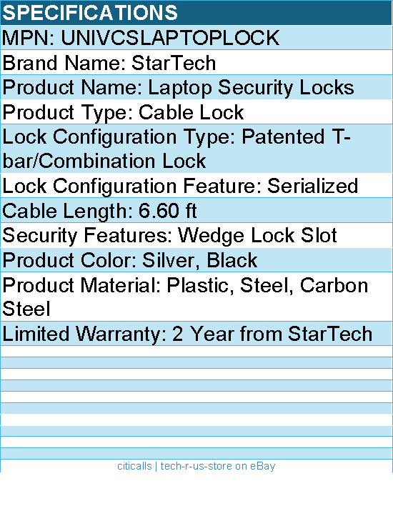 StarTech UNIVCSLAPTOPLOCK Laptop Cable Lock - Serialized Combo Security Cable
