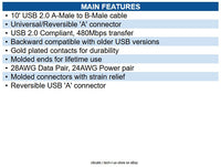 Eaton UR022-010 10' USB 2.0 A/B Cable, Reversible A to B, 480 Mbps, Black