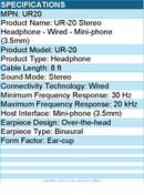 Koss UR20 Stereo Headphone - Wired - Mini-phone (3.5mm) - Ear-cup