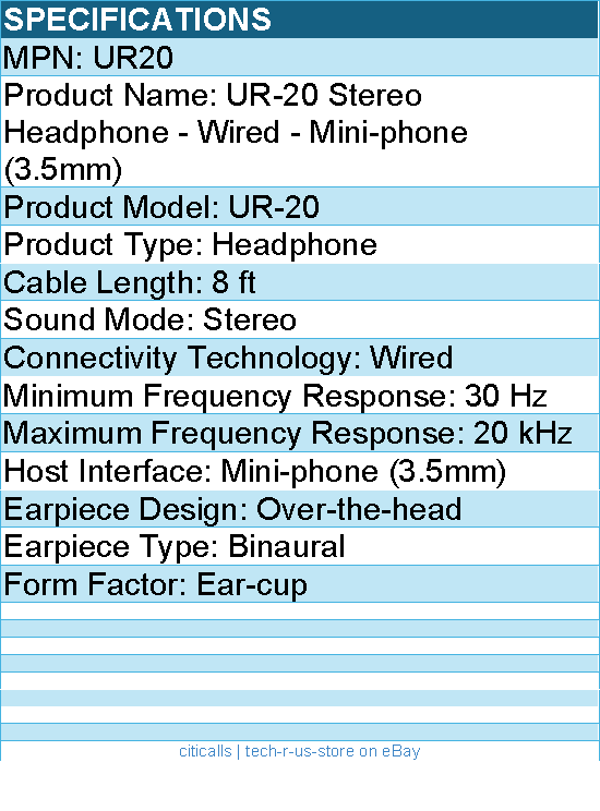 Koss UR20 Stereo Headphone - Wired - Mini-phone (3.5mm) - Ear-cup