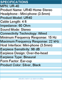 Koss UR40 Home Stereo Headphone - Mini-phone (3.5mm) - Silver, Black