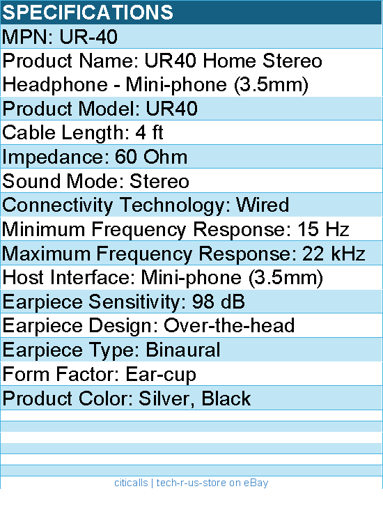 Koss UR40 Home Stereo Headphone - Mini-phone (3.5mm) - Silver, Black