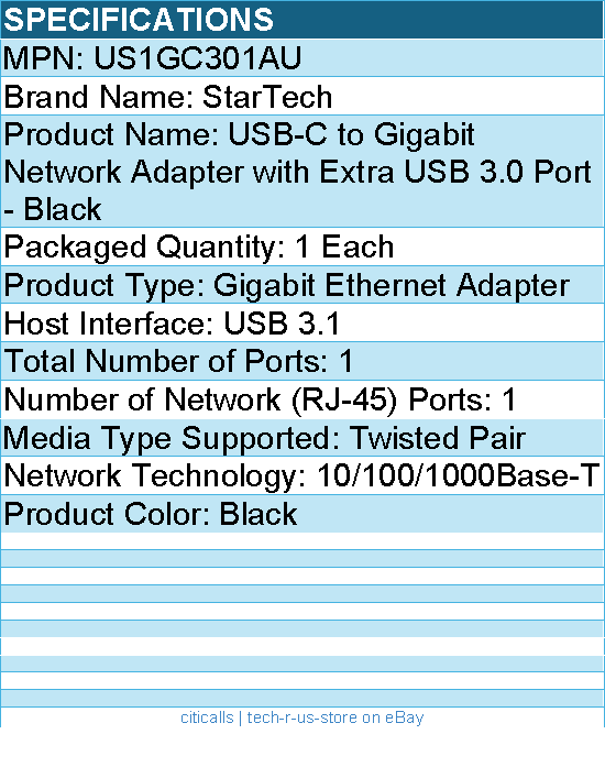 StarTech US1GC301AU USB-C to Ethernet Gigabit Adapter - Thunderbolt 3 Compatible