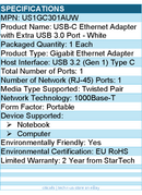 StarTech US1GC301AUW USB C to Gigabit Ethernet Adapter with USB A Port - White