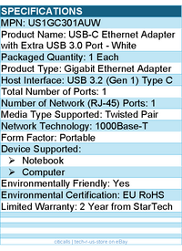 StarTech US1GC301AUW USB C to Gigabit Ethernet Adapter with USB A Port - White