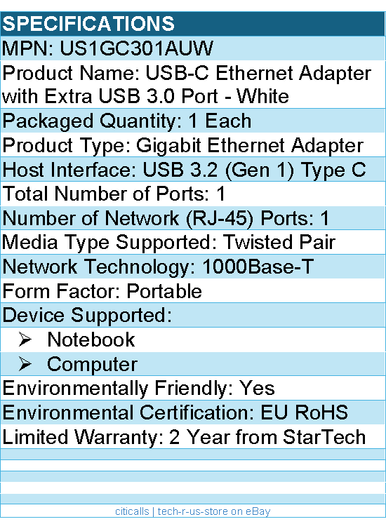 StarTech US1GC301AUW USB C to Gigabit Ethernet Adapter with USB A Port - White