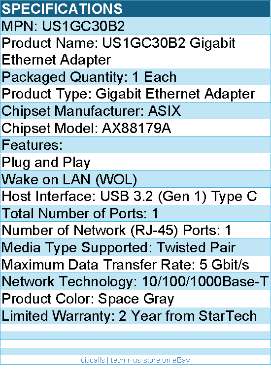StarTech US1GC30B2 USB-C to Ethernet Adapter - 10/100/1000 Mbps - Space Gray