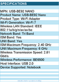 Asus USB-BE92 Nano IEEE 802.11a/b/g/n/ac/ax/be Tri Band Wi-Fi Adapter