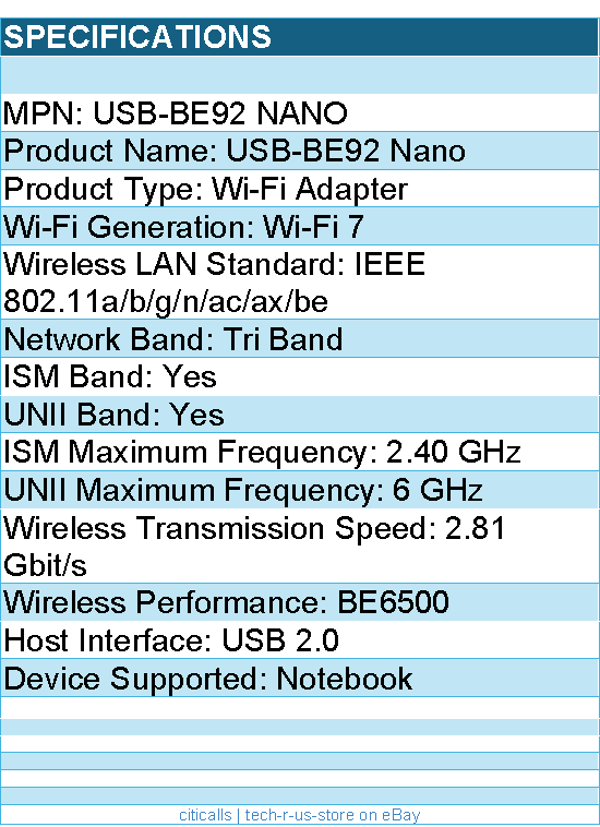 Asus USB-BE92 Nano IEEE 802.11a/b/g/n/ac/ax/be Tri Band Wi-Fi Adapter