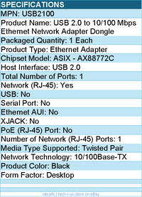 StarTech USB2100 USB 2.0 to 10/100 Mbps Ethernet Network Adapter Dongle