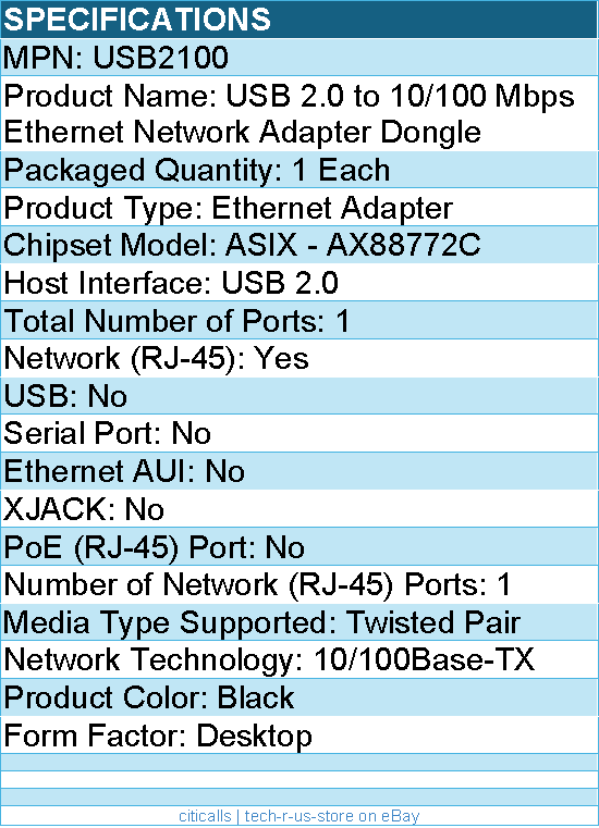 StarTech USB2100 USB 2.0 to 10/100 Mbps Ethernet Network Adapter Dongle