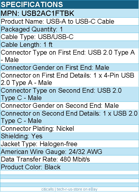 StarTech USB2AC1FTBK 1ft (30cm) USB-A to USB-C Charging Cable, Charge & Sync