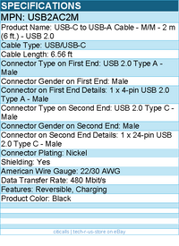 StarTech USB2AC2M USB C to USB Cable - 6 ft / 2m - USB A to C - USB 2.0 Cable