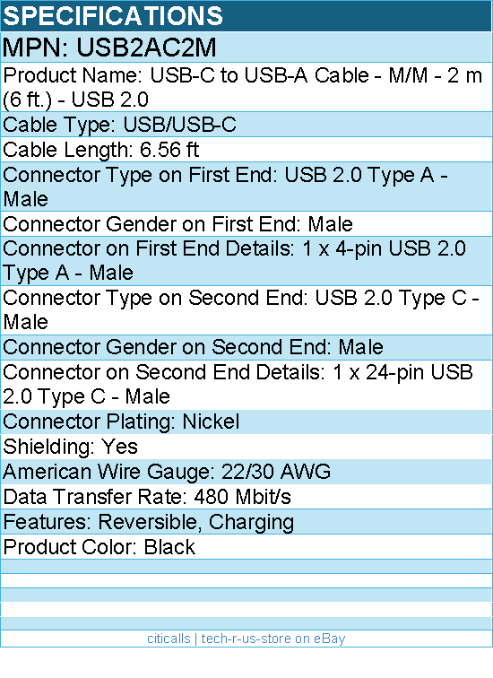 StarTech USB2AC2M USB C to USB Cable - 6 ft / 2m - USB A to C - USB 2.0 Cable