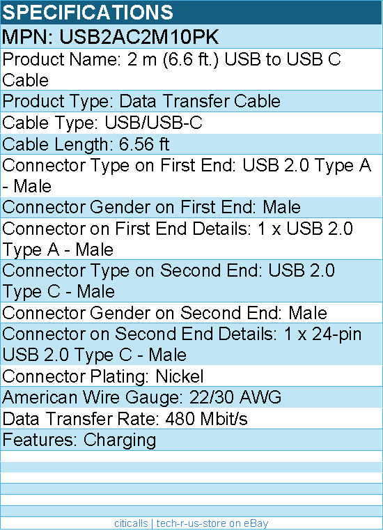 StarTech USB2AC2M10PK 2 m / 6.6 ft. USB to USB C Cable - Black
