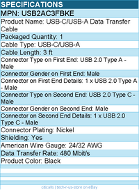 StarTech USB2AC3FBKE 3ft (91cm) USB-A to USB-C Charging Cable, Charge & Sync