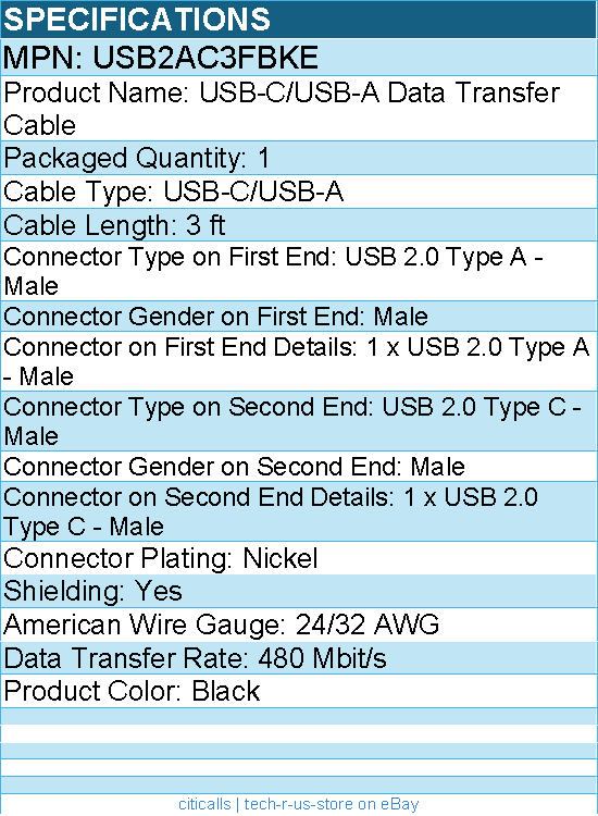 StarTech USB2AC3FBKE 3ft (91cm) USB-A to USB-C Charging Cable, Charge & Sync