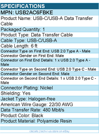 StarTech USB2AC6FBKE 6ft (1.8m) USB-A to USB-C Charging Cable, Charge & Sync