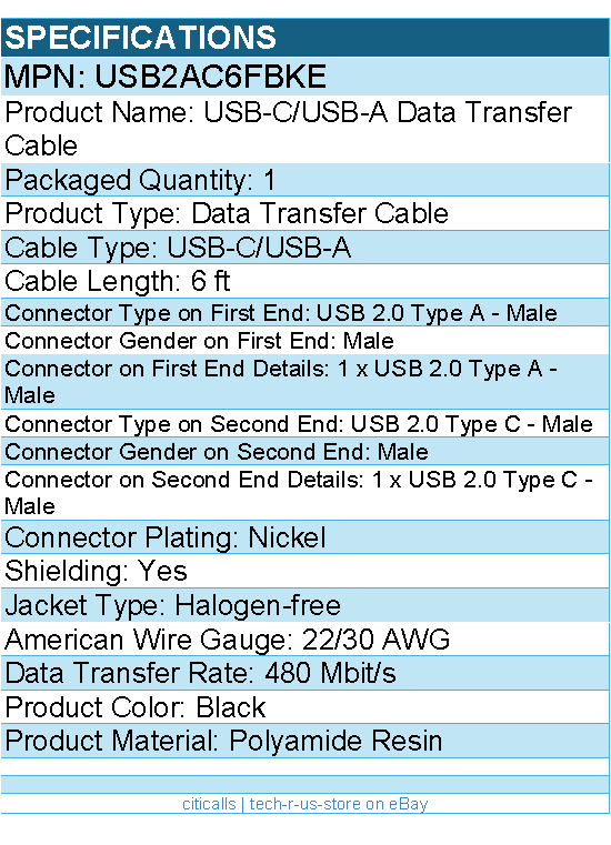 StarTech USB2AC6FBKE 6ft (1.8m) USB-A to USB-C Charging Cable, Charge & Sync