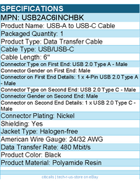 StarTech USB2AC6INCHBK 6in (15cm) USB-A to USB-C Charging Cable, Charge & Sync