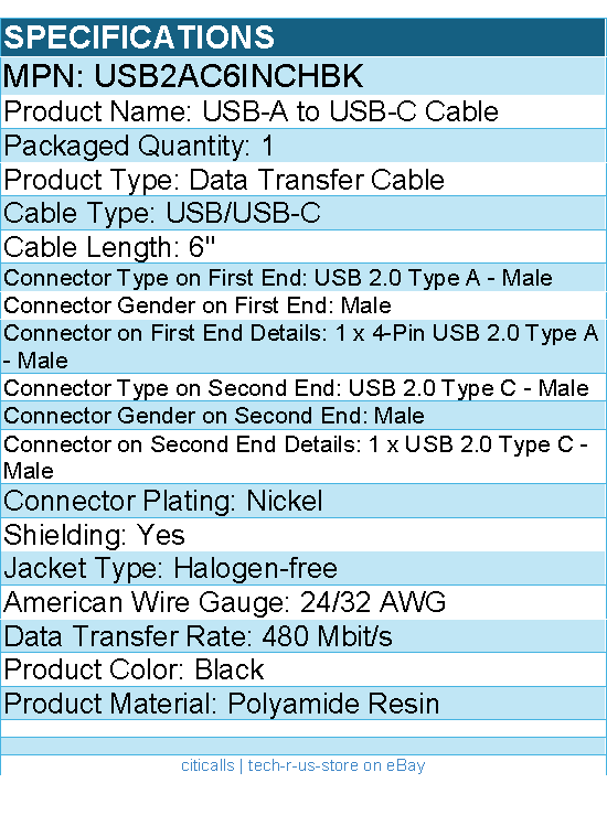 StarTech USB2AC6INCHBK 6in (15cm) USB-A to USB-C Charging Cable, Charge & Sync
