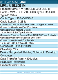 StarTech USB2CB1M USB C to USB B Printer Cable - 3 ft / 1m - USB C Printer Cable