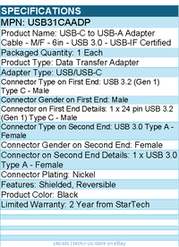 StarTech USB31CAADP USB-C to USB Adapter - 6in -USB 3.0 (5Gbps) USB-IF Certified