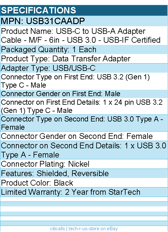 StarTech USB31CAADP USB-C to USB Adapter - 6in -USB 3.0 (5Gbps) USB-IF Certified