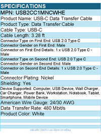 StarTech USB2CC1MNCWHE 1m (3.3ft) White USB-C Charging Cable, USB 2.0 Type-C