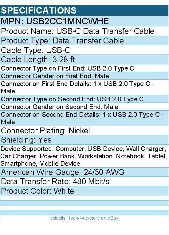 StarTech USB2CC1MNCWHE 1m (3.3ft) White USB-C Charging Cable, USB 2.0 Type-C