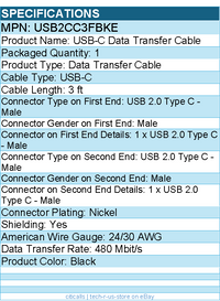 StarTech USB2CC3FBKE 3ft (0.9m) USB-C Charging Cable, USB 2.0 Type-C
