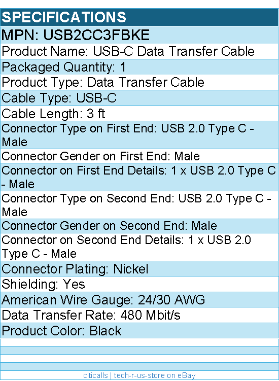 StarTech USB2CC3FBKE 3ft (0.9m) USB-C Charging Cable, USB 2.0 Type-C