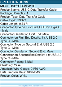 StarTech USB2CC3MWHE 3m (9.8ft) White USB-C Charging Cable, USB 2.0