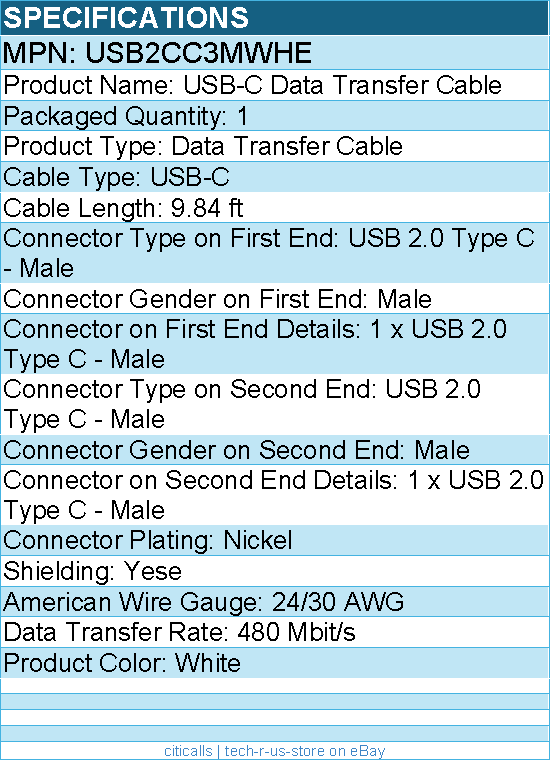 StarTech USB2CC3MWHE 3m (9.8ft) White USB-C Charging Cable, USB 2.0