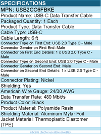 StarTech USB2CC6FBKE 6ft (1.8m) USB-C Charging Cable, USB 2.0 Type-C