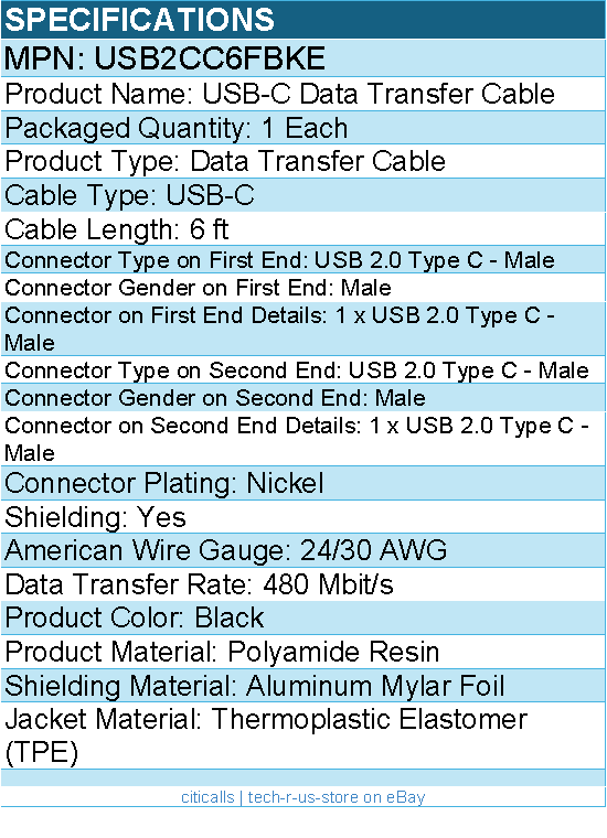StarTech USB2CC6FBKE 6ft (1.8m) USB-C Charging Cable, USB 2.0 Type-C